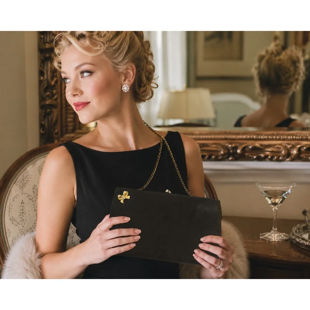 Vintage‎ After Five Black Satin Clutch Gold Bow Evening Bag Purse USA